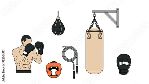 Boxing equipment and training essentials: gloves, punching bag, speed bag, rope, headgear