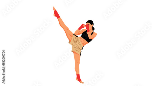 Fitness kickboxing: dynamic high kick training with female athlete in action