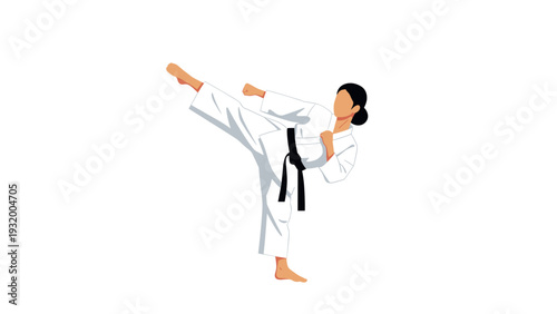 Martial artist performing high kick in traditional uniform isolated on white background