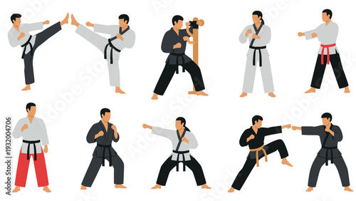 Martial arts pose collection: diverse karate and taekwondo techniques in flat design