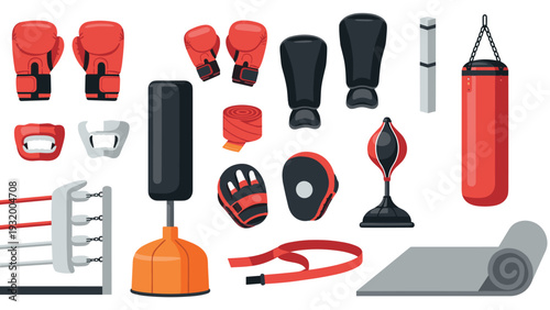 Boxing and martial arts equipment in flat design: gloves, punching bags, and training gear