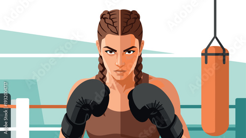 Determined female boxer in braids training at gym with punching bag in background