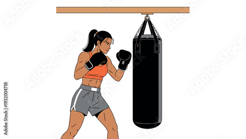 Female boxer training with punching bag: dynamic and powerful sport animation