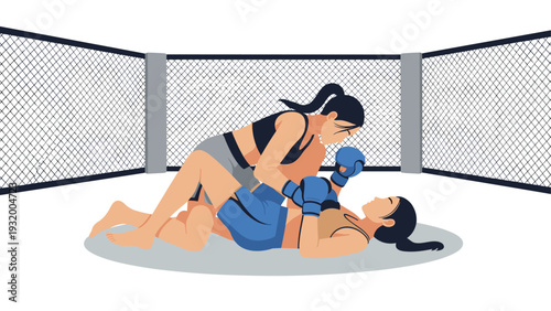 Women mixed martial arts fight in the cage: dynamic flat design