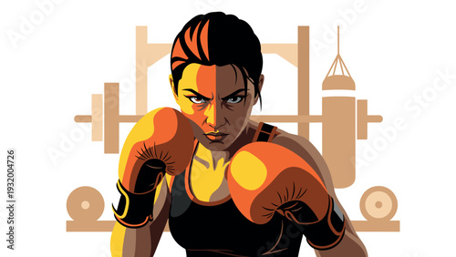 Female boxer in intense training with punching bag and weights in background