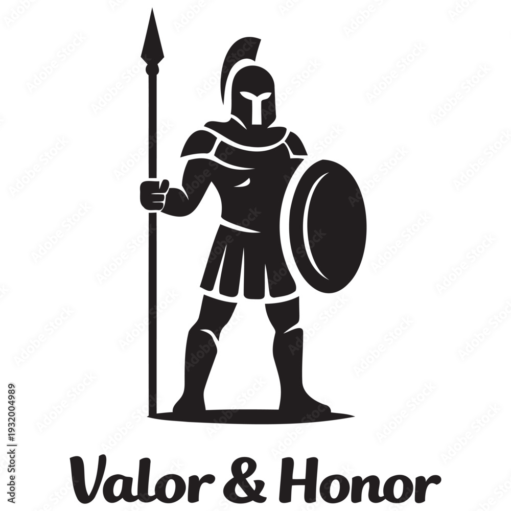 Obraz premium Ancient warrior silhouette holding a spear and shield in classic armor design for valor and honor concepts