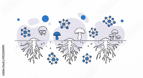 Illustration of plant roots and symbiotic fungi network.