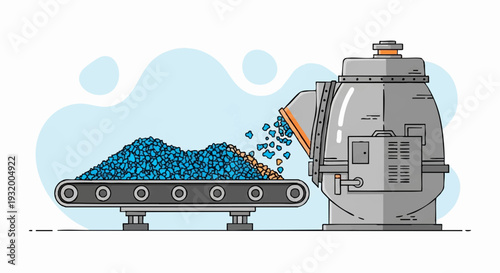 Industrial conveyor belt feeding raw materials into a large processing machine.