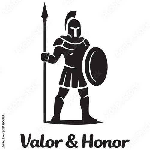 Ancient warrior silhouette holding a spear and shield in classic armor design for valor and honor concepts
