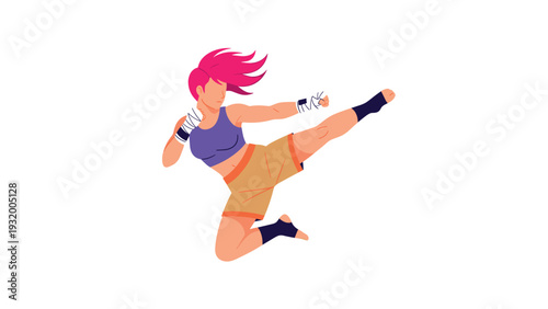 Dynamic martial arts pose with pink hair and boxing wraps
