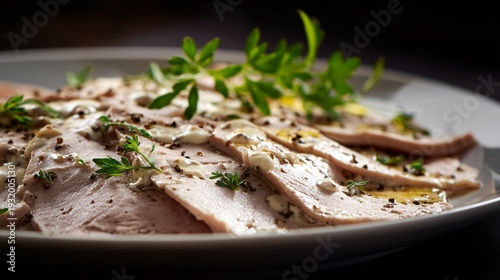 Vitello tonnato photographed from low angle, emphasizing thinness of veal slices