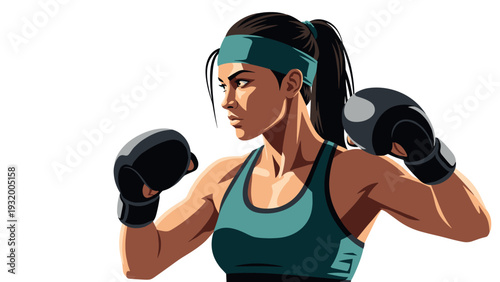 Boxing woman in action pose with gloves and headband in modern style