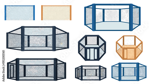 Diverse mma and cage fighting arenas in various shapes and colors