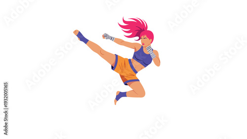 Dynamic female martial artist performing high kick in vibrant colors