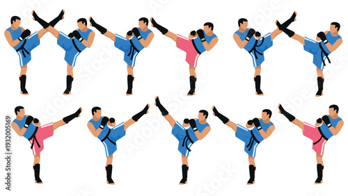 Martial arts training series with fighters in action poses kicking and punching