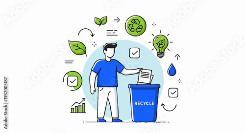 Man actively recycling paper into a blue bin.