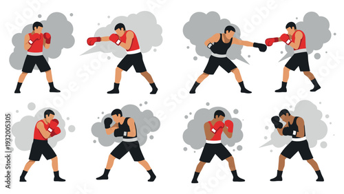 Dynamic boxing moves collection in flat style with diverse poses