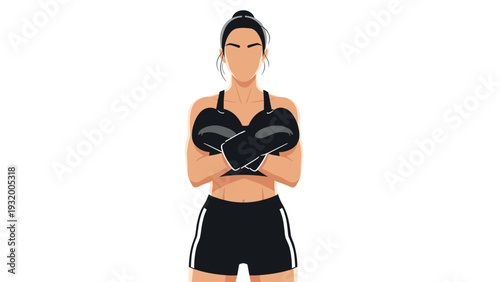 Confident female boxer in athletic wear with black gloves on white background