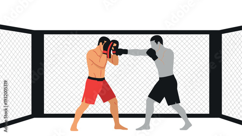 Mixed martial arts fighters in cage ring sparring with boxing gloves