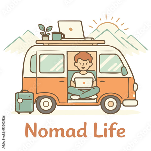 Cartoon illustration of a happy digital nomad working on a laptop inside a cozy van with nature and mountains in the background enjoying remote work lifestyle