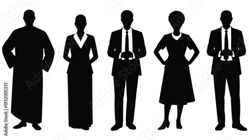 Professional Business Team Standing Silhouette Vector Corporate Group Five People Illustration Diverse Workforce Design EPS Business Colleagues Staff Meeting