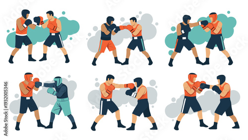 Set of boxing match scenes in flat style with diverse fighters