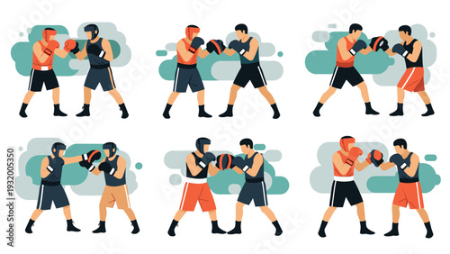Flat style boxing match set with fighters in various poses