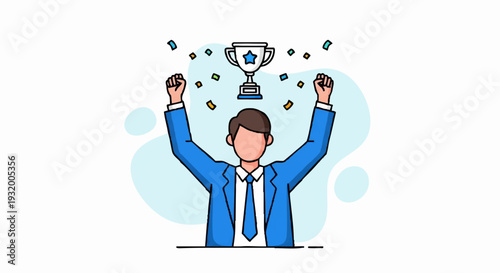 Man celebrating victory with trophy and confetti.