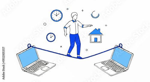 Man balancing on tightrope between two laptops representing remote work.
