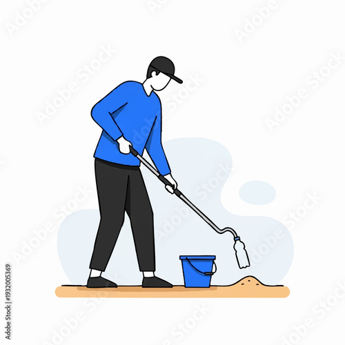 Man cleaning up litter with a tool and bucket.