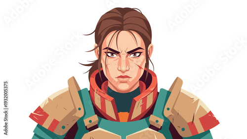 Fierce warrior woman in armor with intense expression on white background