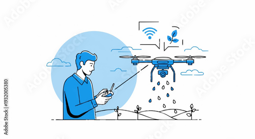 Man controlling drone for precision agriculture spraying crops.