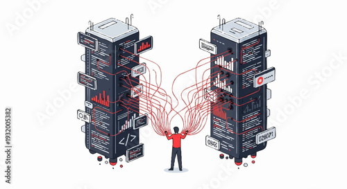 Man Connecting Two Server Racks with Data Flow.