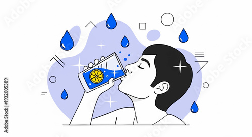 Man drinking water from a glass with a lemon slice.