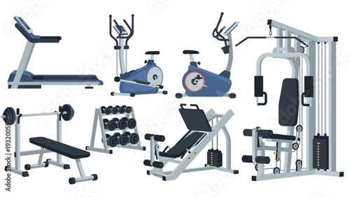 Modern gym equipment collection: treadmill, elliptical, weights, and more in flat design