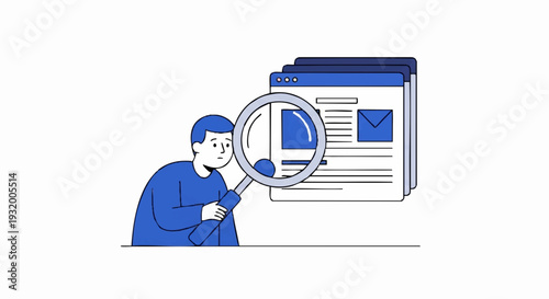 Man Examining Document Through Magnifying Glass on Computer Screen.