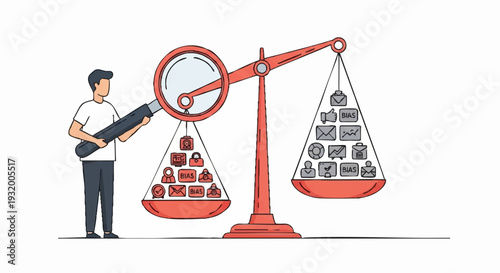 Man Examining Scale with Magnifying Glass Weighing Business Icons.