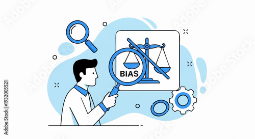Man examining scales of justice with magnifying glass to detect bias.