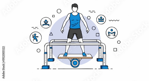 Man exercising on a balance board with fitness icons around him.