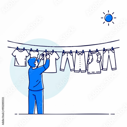 Man hanging clothes on a clothesline under the sun.