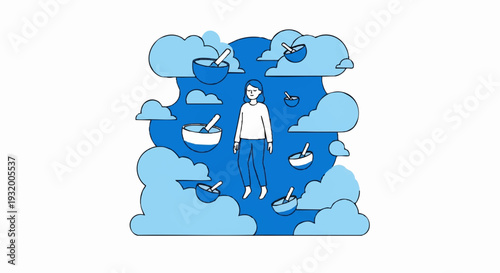 Man floating peacefully among clouds and bowls.