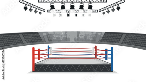 Modern boxing ring in arena with stadium lights and seating