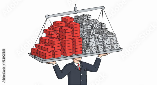Man holding a scale with stacks of money and red blocks.