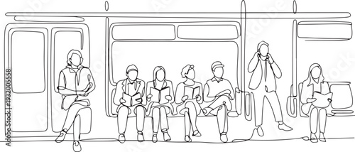 Passengers Enjoying Trip In Bus Or Metro Black Line Pencil Drawing Vector. Passengers Traveling In Public Transport Metropolitan Train Or Trolleybus. one line art icon drawing vector