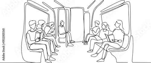 Passengers Enjoying Trip In Bus Or Metro Black Line Pencil Drawing Vector. Passengers Traveling In Public Transport Metropolitan Train Or Trolleybus. one line art icon drawing vector