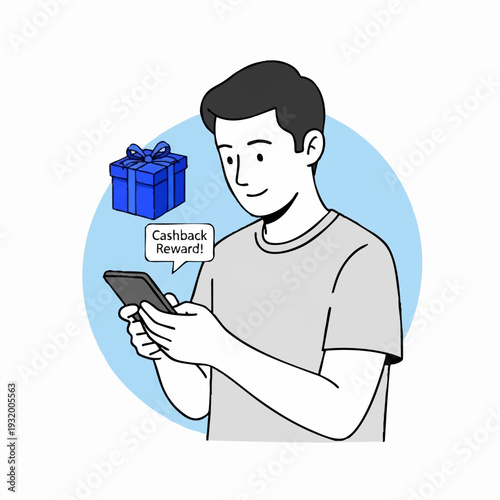 Man holding phone with cashback reward notification and gift box.