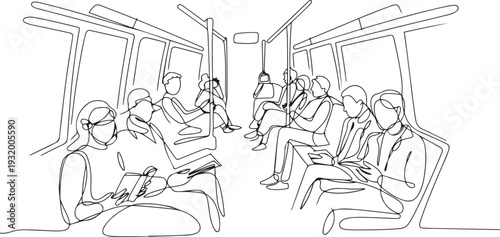 Passengers Enjoying Trip In Bus Or Metro Black Line Pencil Drawing Vector. Passengers Traveling In Public Transport Metropolitan Train Or Trolleybus. one line art icon drawing vector