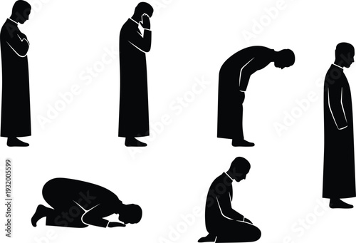 Islamic Prayer Postures and Rituals Showing Standing, Bowing, Prostration, and Kneeling for Worship and Spiritual Devotion