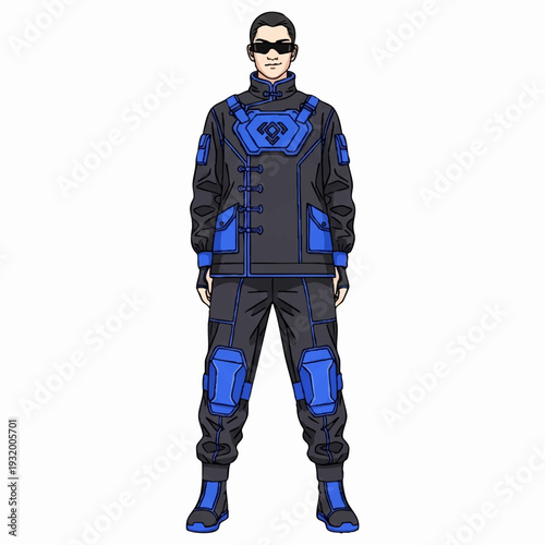 Man in Futuristic Tactical Suit with Blue Accents.