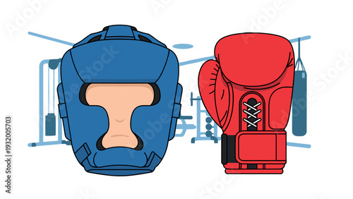 Boxing gear in gym setting: red glove and blue headgear with equipment backdrop